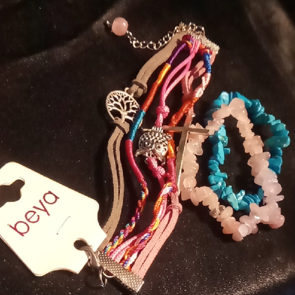Multicolor &  layered rose quartz & turquoise chip leather & braids owls